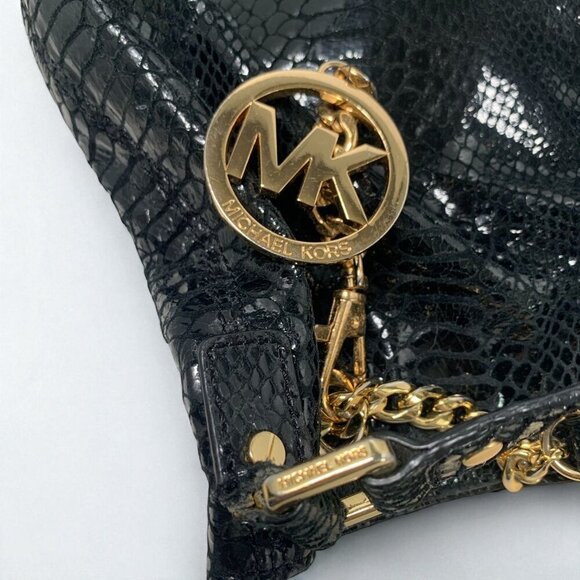 Michael Kors Black Python-Embossed Leather Tote Gold Chain Straps & Logo Charm - Picture 5 of 11